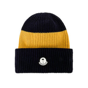 Moncler X Palm Angels Beanie Cap Men OS Navy Yellow Colorblock Knit Wool Hat NWT